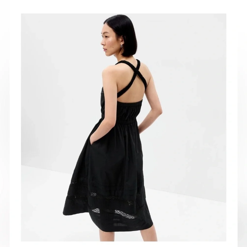 NWT GAP Lace Cross-Back Midi Dress Women's Sz Small Tall 100% Cotton black - Picture 2 of 8